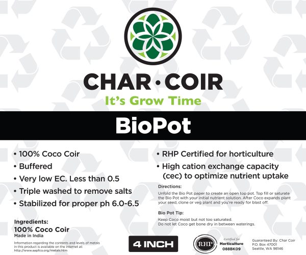 Char coir biopot, 4 inch, case of 128
