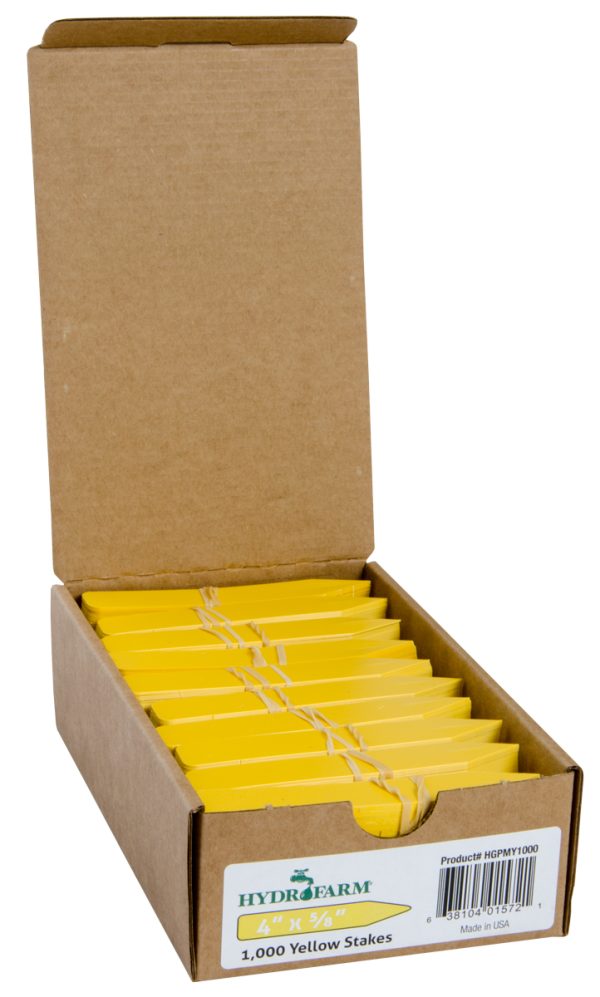 Hydrofarm plant stake labels, yellow, 4" x 5/8", case of 1000
